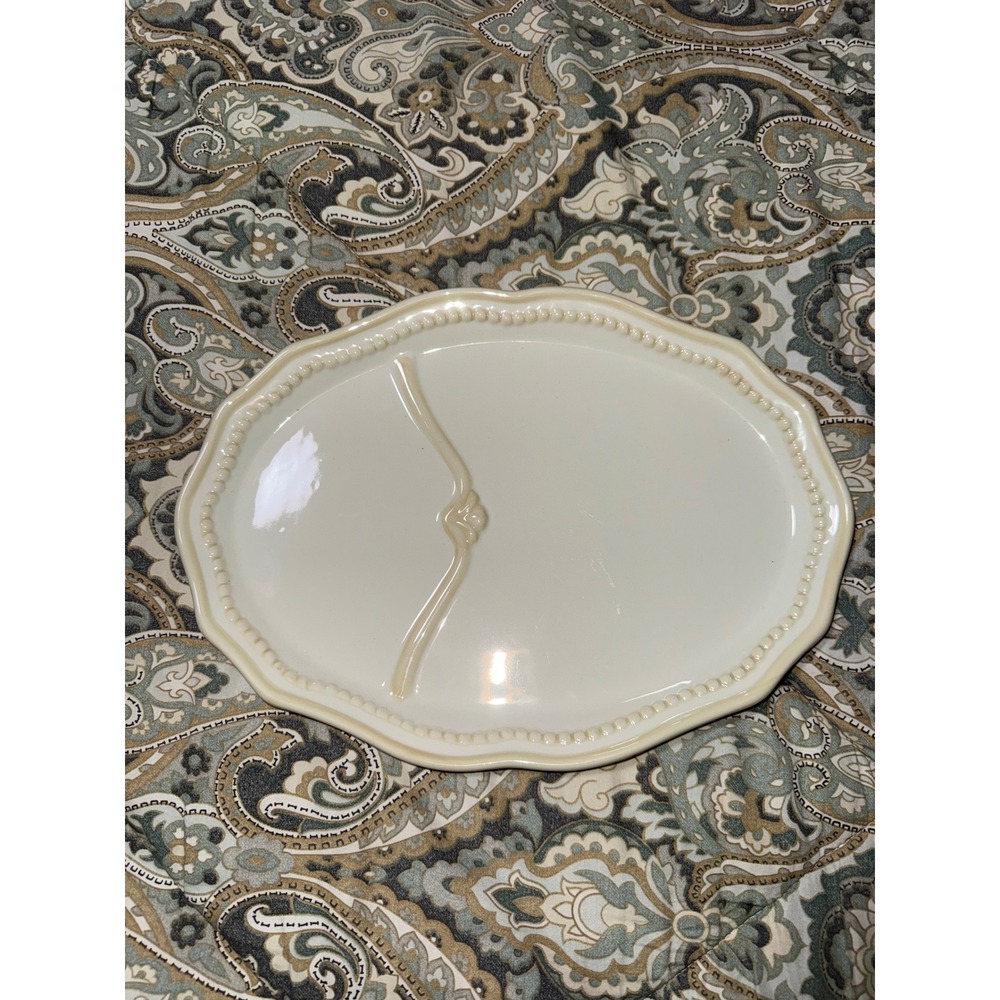 Princess House Pavillion Cream Stoneware Oval Platter Beaded Scalloped Edge 11.5